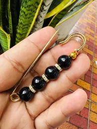 Gold Color Saree Pin with Black Shine Round Design & 4 Pearl Big Brooch for Women