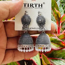 Oxidized Silver Color Medium Jimikki Drop Earrings with Oval Head & White Pearl for Women & Girls