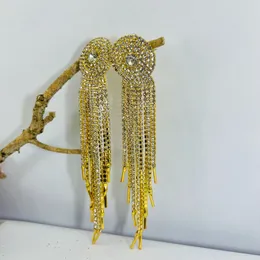 Golden Glam Round Head Long Tassel Drop Earrings with Sparkly Rhinestone Crystal White Stone