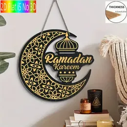 Ramadan Kareem Wooden Crescent Moon Lantern Hanging Sign, 2D Flat Wood Ramadan Kareem Moon Lamp Wall DÃ©cor
