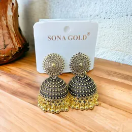 Black Gold Bollywood Jimikki Drop Earrings with Round Head & Gold Beads