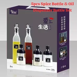 5-piece glass spice and oil dispenser bottle set