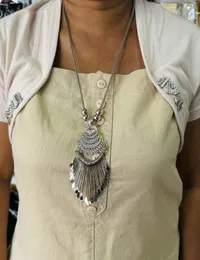 Oxidize silver color long full peacock design fancy necklace with tassel for women and girl