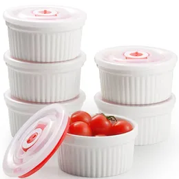 BakeEaseâ¢ Ceramic Ramekins with Airtight Lid (Microwave Safe), White Porcelain Creme Brulee Souffle Ramekins with Cove