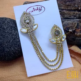 Gold Stone Leaf Saree Brooch with Hanging Chain and Stones – High Quality Gold Color for Women.