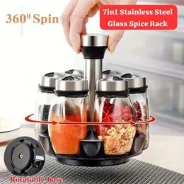 7-piece stainless steel and glass rotating spice rack set