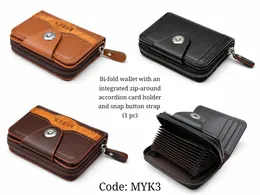 Bi-fold wallet with an integrated zip-around accordion card holder and snap button strap (1 pc)