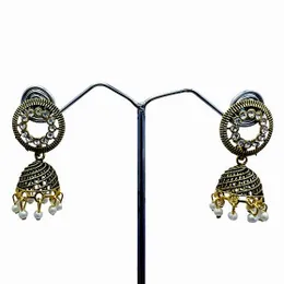 Dull Gold Indian Jhumka Jimikki Drop Dangle Earrings with White Pearl