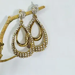 Dull Gold Water Drop Hoop Dangle Earrings with Gold & White Stones