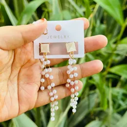 Silver & Gold Square Head Pearl Long Tassel Drop Earrings – Western Style