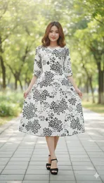 Floral V-Neck Midi Dress with 3/4 Sleeves