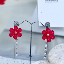 Silver Plated Stylish Red Flower & White Pearl Drop Earrings with Silver Line Tassel