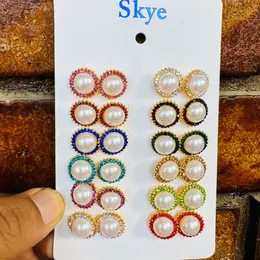 Rose Gold Color Big Round Pearl Stud Earrings with Multi-Color Stones for Women & Girls