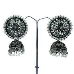 Black Silver Traditional Chandbali Jimikki Jhumka Earrings for Women