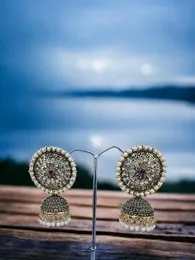 Bollywood Style Dull Gold & Oxidized Silver Jhimki Earrings with White Pearl & White Stone