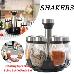 Rotating 6pcs Glass Spice Bottle Rack Set