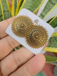 Oxidized Gold Color Big Round Carved Stud Earrings for Women & Girls