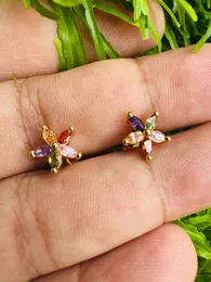 Gold Plated Medium Size Beautiful Multi-Color Flower Design Multi-Stone Stud Earrings for Women