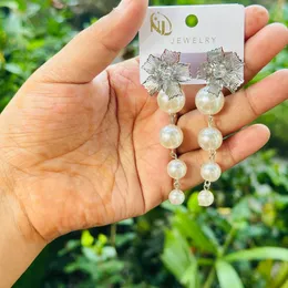 Silver & Gold Five-Petal Flower Head Big White Pearl Long Tassel Drop Earrings for Women & Girls