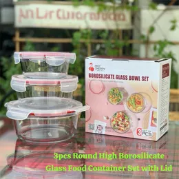 3pcs Round High Borosilicate Glass Food Container Set with Lid
