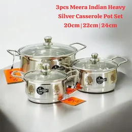 3pcs meera indian heavy silver casserole pot set