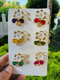 Gold Color Small Beautiful Flower Design Brooch with Yellow, Green & Red Stones for Women