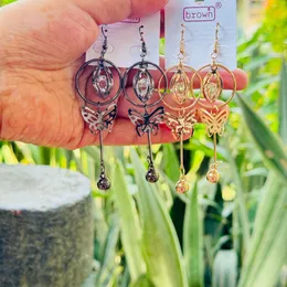 Gold & Dark Ash Color Round Dangle Earrings with Butterfly Drop & Ball Tassel for Women & Girls