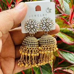 Floral Heritage Oxidized Gold Long Tassel Jimikki Earrings with Multi-Stone