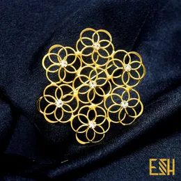 New Arrivals ESH Gold Plated Fashion Stylish Round Flower Design Saree Brooch / Saree Pin with Fixed White Stone for Wom
