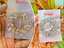 Beautiful Leaf Design Round Saree Brooch with White Stone for Women