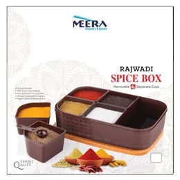 Meera brand Rajwadi spice box made of brown plastic with 6 removable cups.