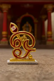 Vel Symbol with Tamil Lettering – Gold & Red Murugan Decorative Stand – Spiritual Showpiece for Pooja Room
