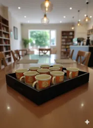 Set of 6 Speckled Ceramic Mugs – Orange & White with Floral Design