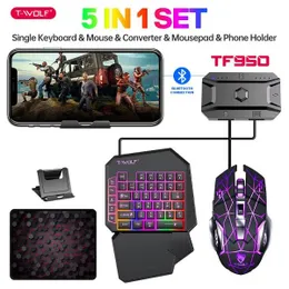 T-WOLF TF950 40 Keys One Hand 5 in 1 Gaming Keyboard USB Wired Mouse Combo Set with Mobile Game Converter and Phone Hold