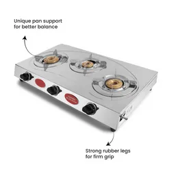 Premium Stainless Steel 3 Burner LPG Indian Gas Cooker with SS Pan Support