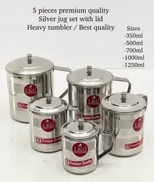 5-piece premium quality silver stainless steel jug set with lids.
