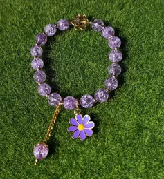 Handcrafted Elegant Purple Crackle Beads Stretch Bracelet with Cute Flower Charms, Stylish Women's Fashion Jewelry, Perf