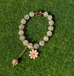 Handcrafted Elegant Light Pink Crackle Beads Stretch Bracelet with Cute Flower Charms, Stylish Women's Fashion Jewelry, 
