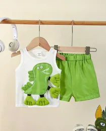 children's sleeveless vest and shorts set featuring a green dinosaur applique.