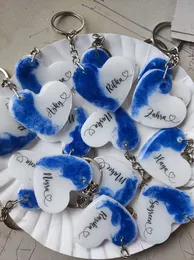 Custom Heart Resin Keychains – Blue & White with Names