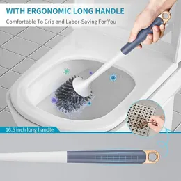 Long Handle Toilet Brush 1 Set with Holder Wall Mount Drain Tray Tpr Bristles No Dead Corner Bowl Cleaner Scrubber Bathr