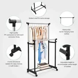 Double Pole Portable Clothing Hanging Garment Rack Laundry Drying Hanger with Wheels Steel Pole Telescopic Clothes , For