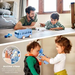 Portable Cute Bus Design Water Bottle with Straw and Strap,Kids Toy Bus Water Bottle, Kids Cartoon Water Bottle | School