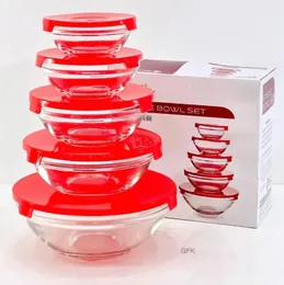 Glass Bowls Set With Lids 5 Pcs Glass Mixing and Serving Bowl Set with Red Airtight Plastic Lids Microwave and Dishwashe