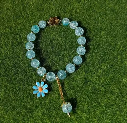Handcrafted Elegant Blue Crackle Beads Stretch Bracelet with Cute Flower Charms, Stylish Women's Fashion Jewelry, Perfec