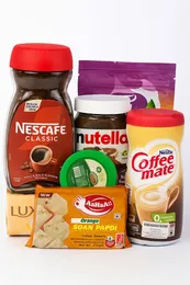 nescafe Classic 190g, Nutella 400g, coffee mate 400g, mango tang powder 375g , aaha soan papdi 250g, pistachios halva 20