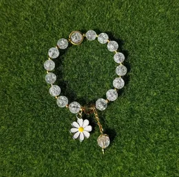 Handcrafted Elegant White Crackle Beads Stretch Bracelet with Cute Flower Charms, Stylish Women's Fashion Jewelry, Perfe