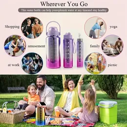 3pcs Classic Water Bottles, Colourful Gradient Water Bottle With Time Mark, Straw, For Gym Outdoor Hiking Camping Travel