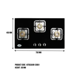 SQUARE 3 BURNER BLACK TEM/GAS COOKER, HB-33001