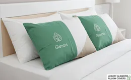 Luxury Glamors pillow covers with a green and white design and a leaf logo